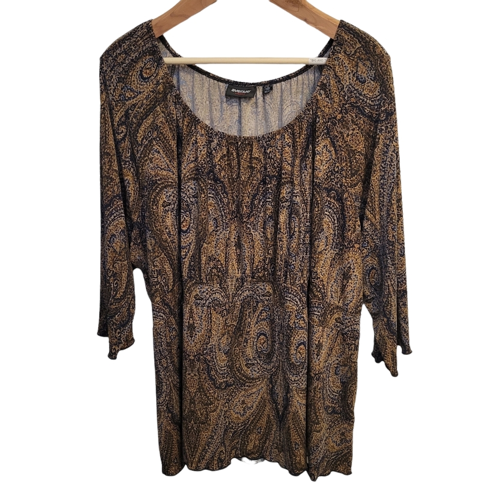 Avenue 5XL Fall Paisley Boho Top 3/4 Sleeves Babydoll Blouse Brown Black 30/32w